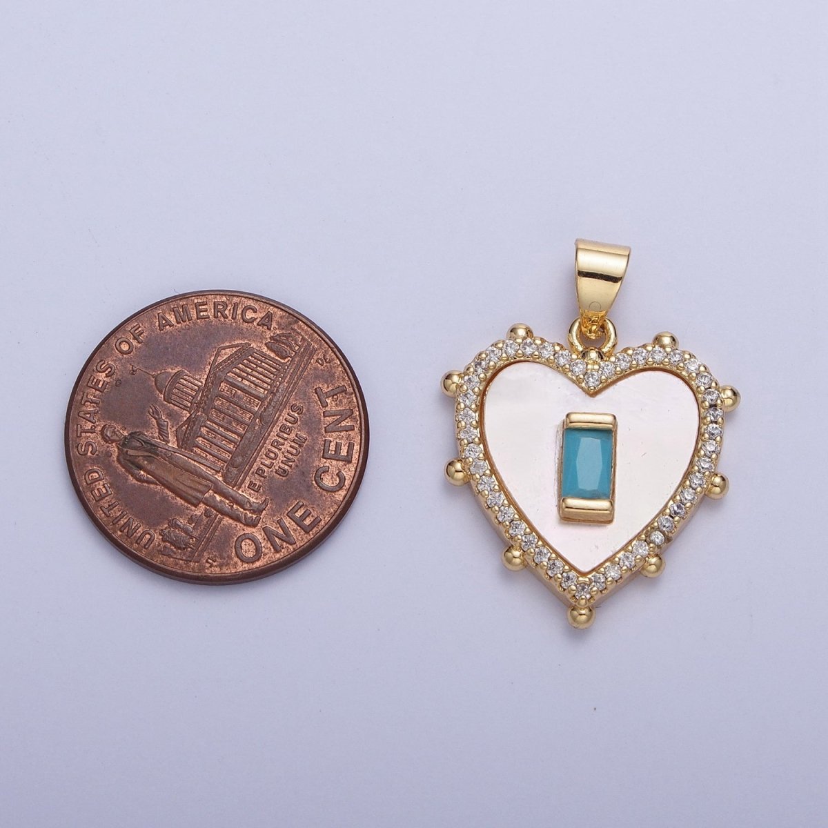 Gold Micro Paved Heart Shell Pendant Charm with Fuchsia, Green, DarkBlue, Turquoise Baguette Cubic Zirconia For Valentine | X-416-X-418