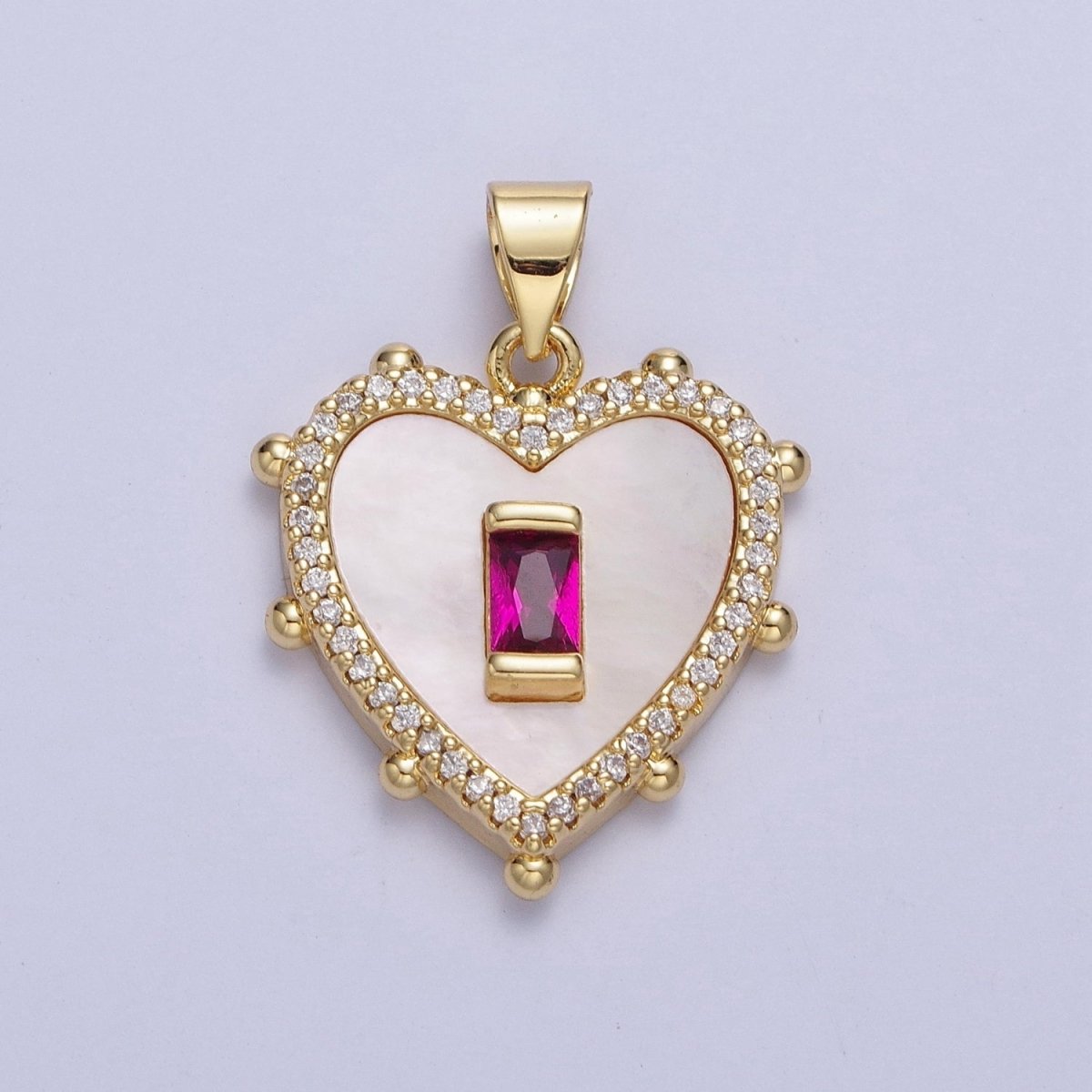 Gold Micro Paved Heart Shell Pendant Charm with Fuchsia, Green, DarkBlue, Turquoise Baguette Cubic Zirconia For Valentine | X-416-X-418