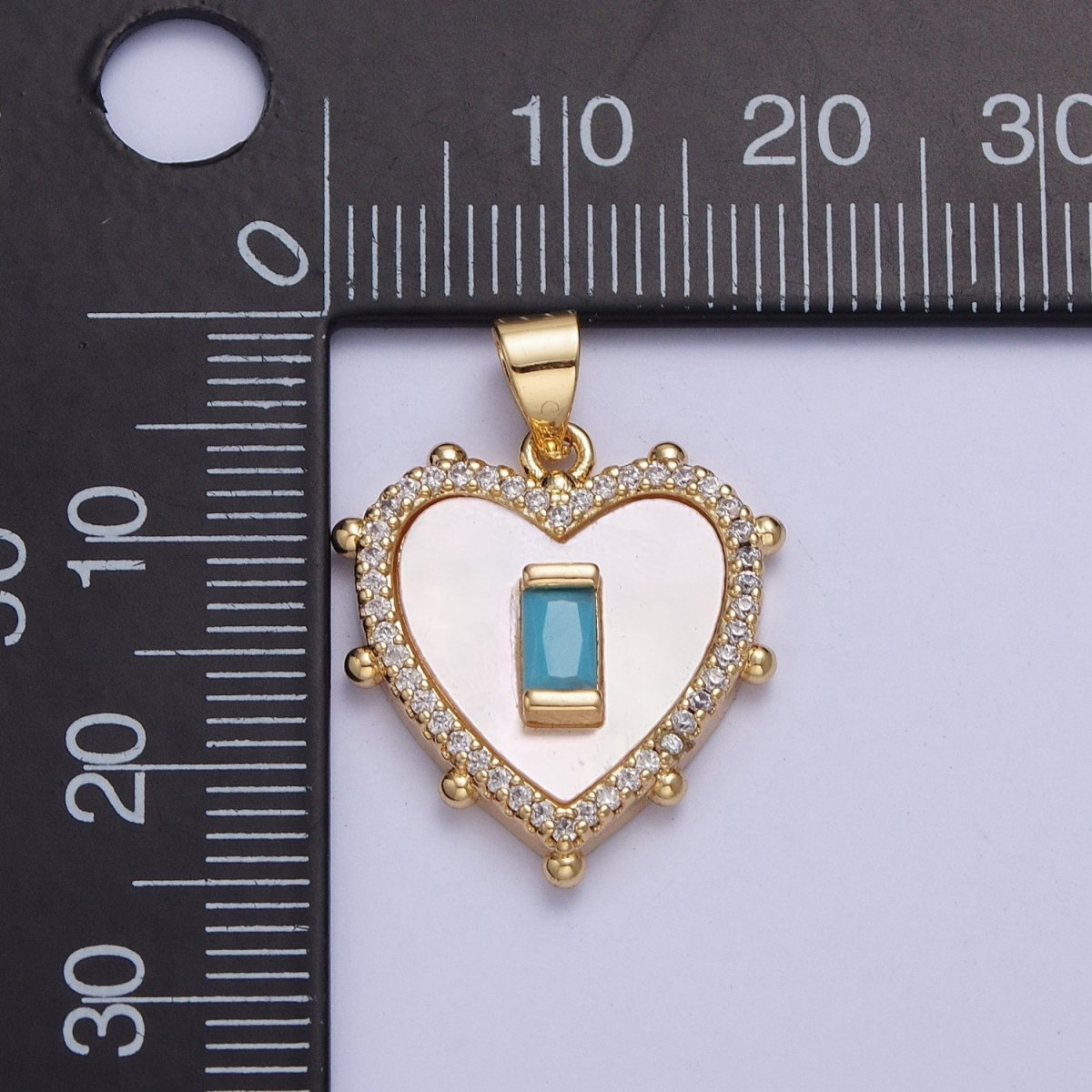 Gold Micro Paved Heart Shell Pendant Charm with Fuchsia, Green, DarkBlue, Turquoise Baguette Cubic Zirconia For Valentine | X-416-X-418