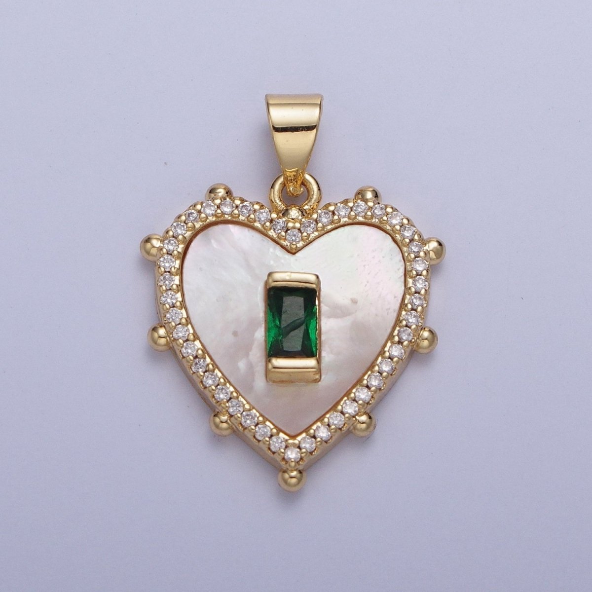 Gold Micro Paved Heart Shell Pendant Charm with Fuchsia, Green, DarkBlue, Turquoise Baguette Cubic Zirconia For Valentine | X-416-X-418