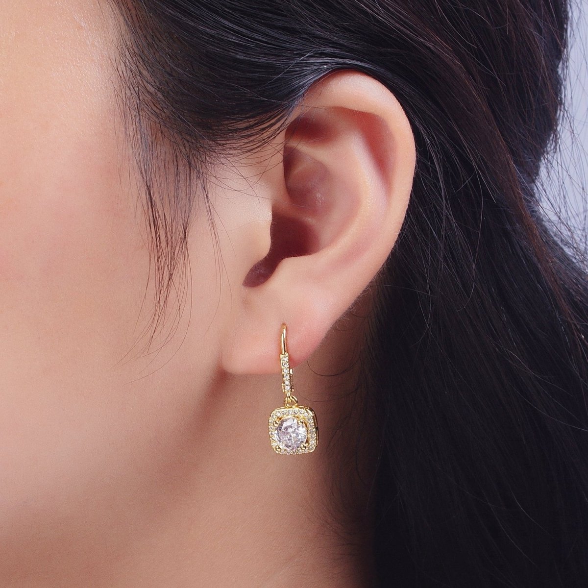 Gold Micro Paved Square Cubic Zirconia Hoop Charm Drop Earrings | Y-074 - DLUXCA
