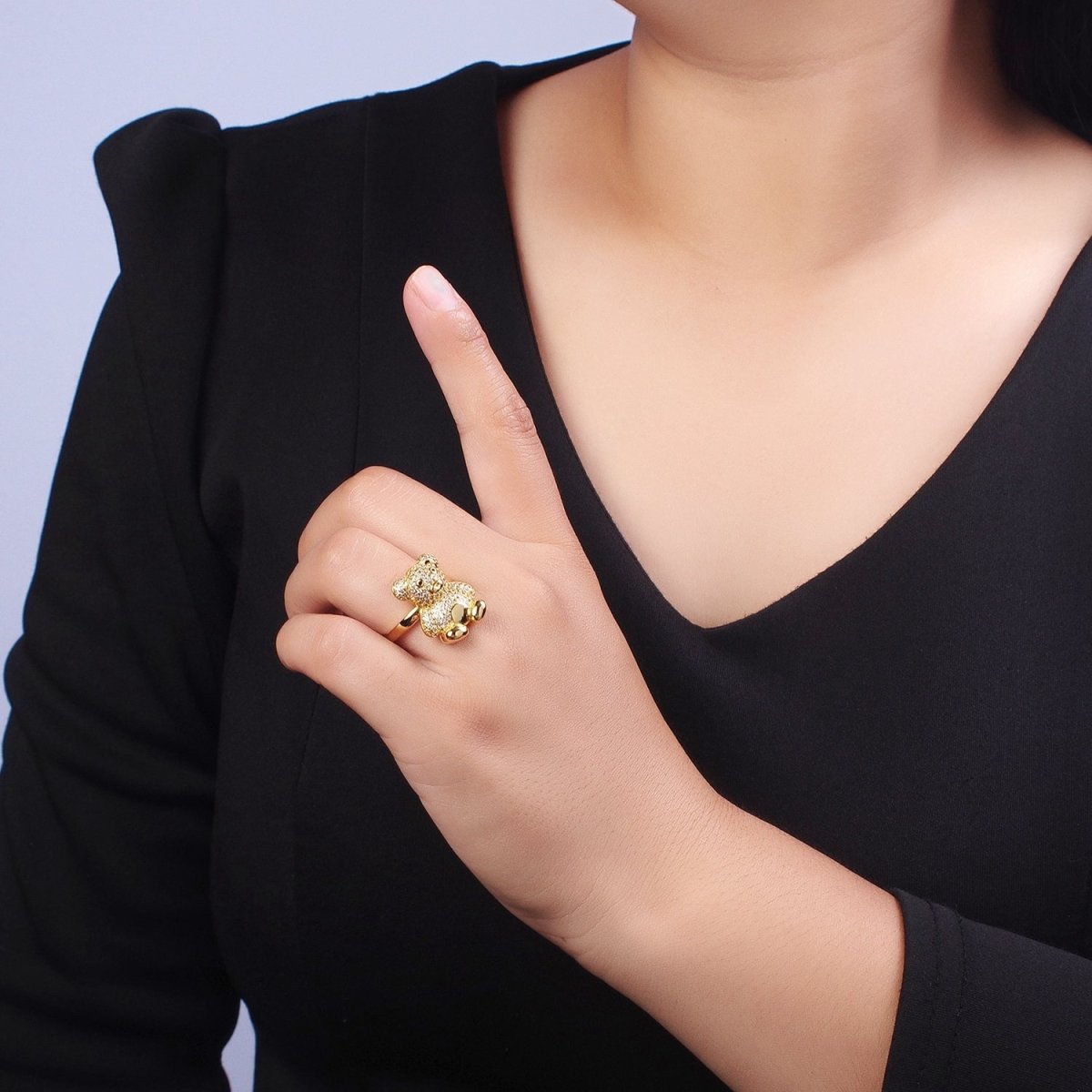 Gold Micro Paved Teddy Bear Cubic Zirconia CZ Adjustable Ring | Y-319 - DLUXCA
