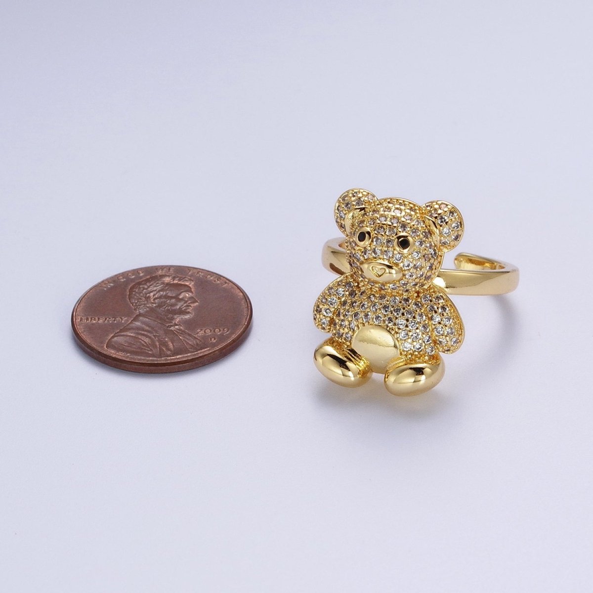 Gold Micro Paved Teddy Bear Cubic Zirconia CZ Adjustable Ring | Y-319 - DLUXCA