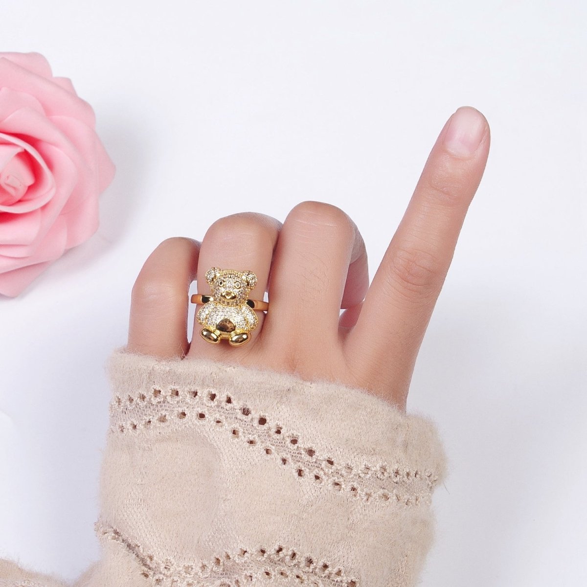 Gold Micro Paved Teddy Bear Cubic Zirconia CZ Adjustable Ring | Y-319 - DLUXCA