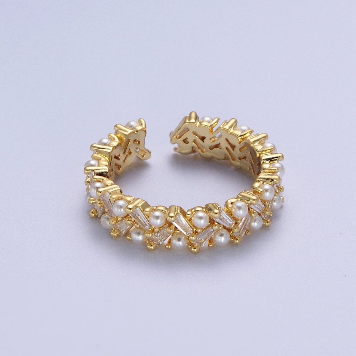 Gold Mini Baguette Cubic Zirconia Round Pearl Wide Band Statement Adjustable Ring | O-1996 - DLUXCA
