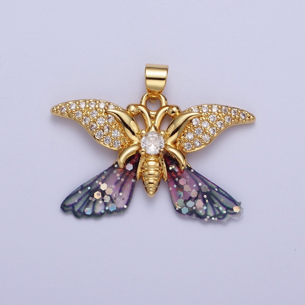Gold Monarch Fairy Butterfly Micro Paved Fuchsia / Blue Wings Pendant H-641 H-642