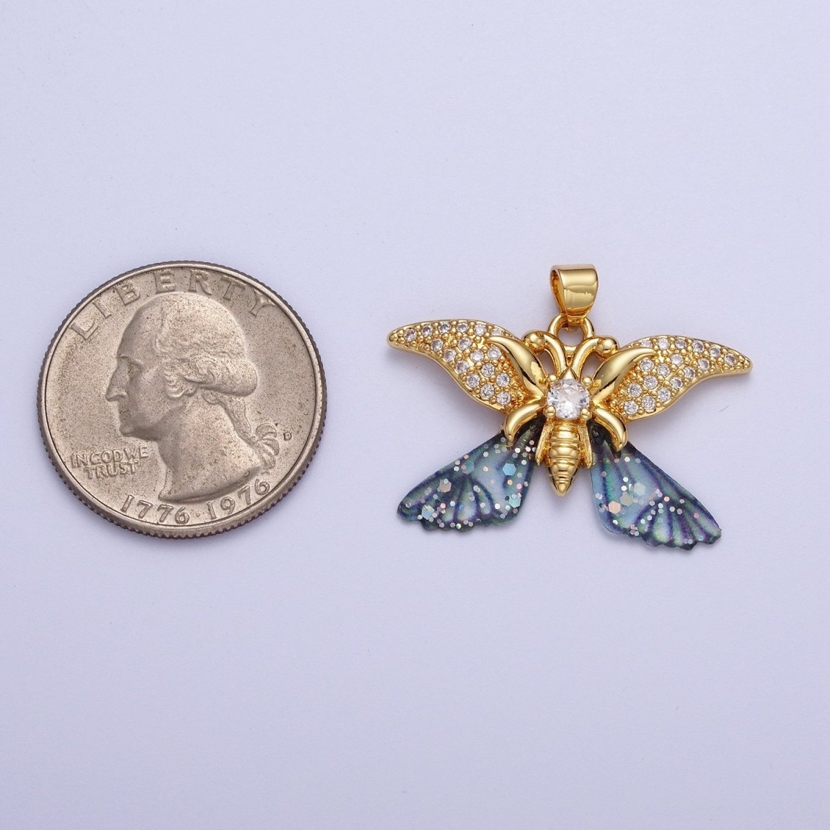 Gold Monarch Fairy Butterfly Micro Paved Fuchsia / Blue Wings Pendant H-641 H-642