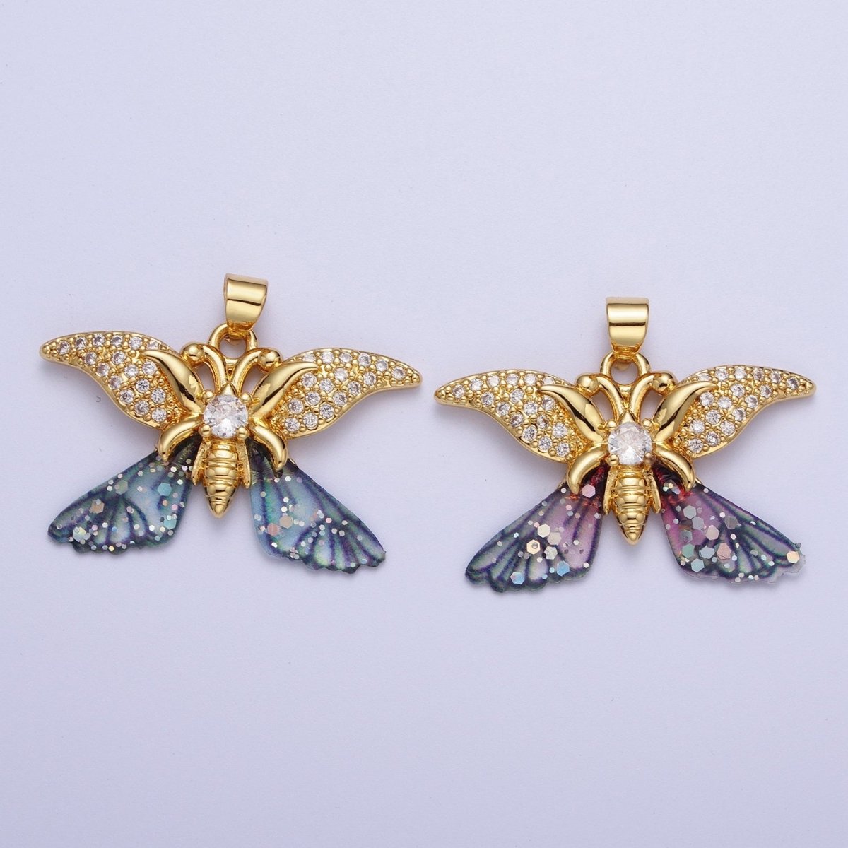 Gold Monarch Fairy Butterfly Micro Paved Fuchsia / Blue Wings Pendant H-641 H-642