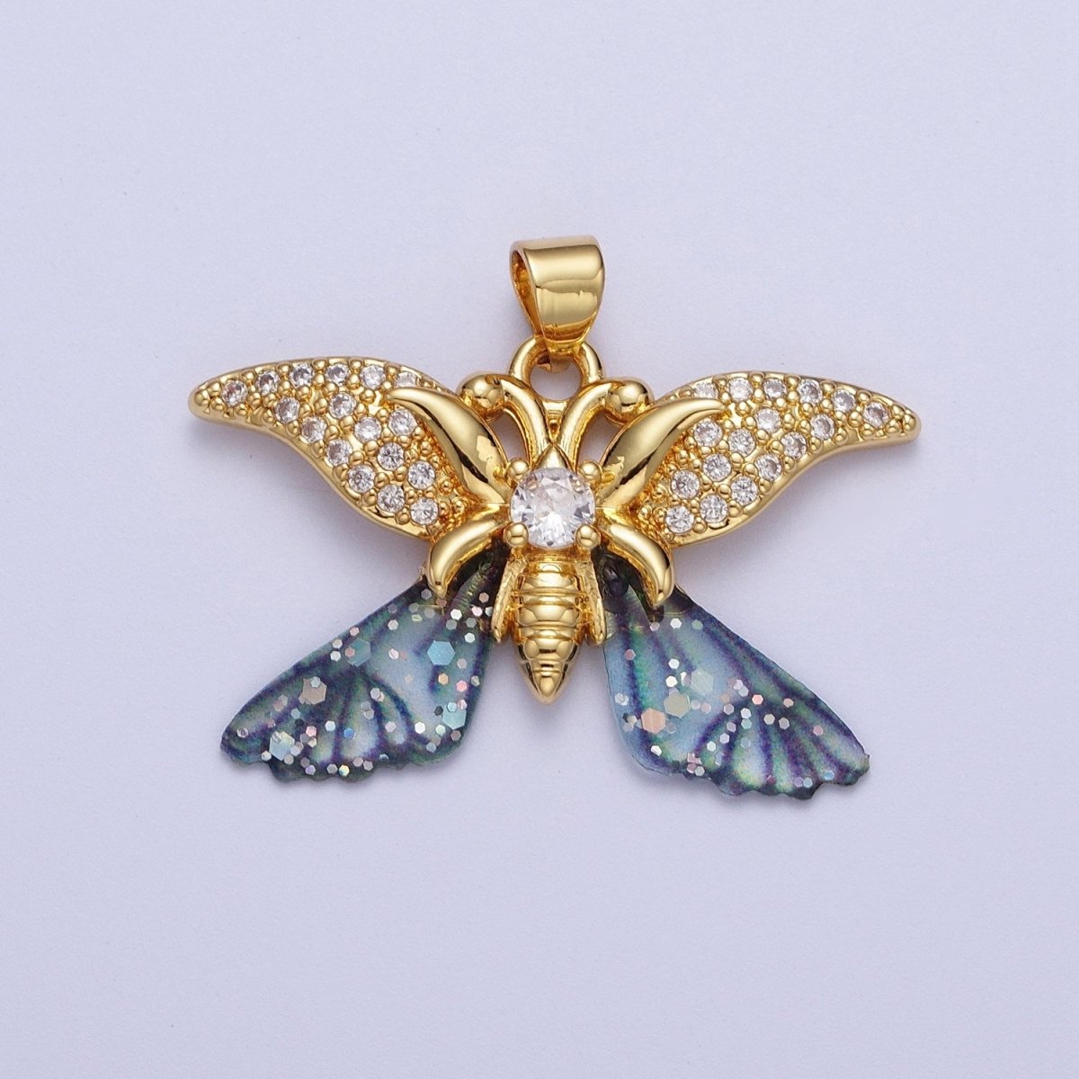 Gold Monarch Fairy Butterfly Micro Paved Fuchsia / Blue Wings Pendant H-641 H-642