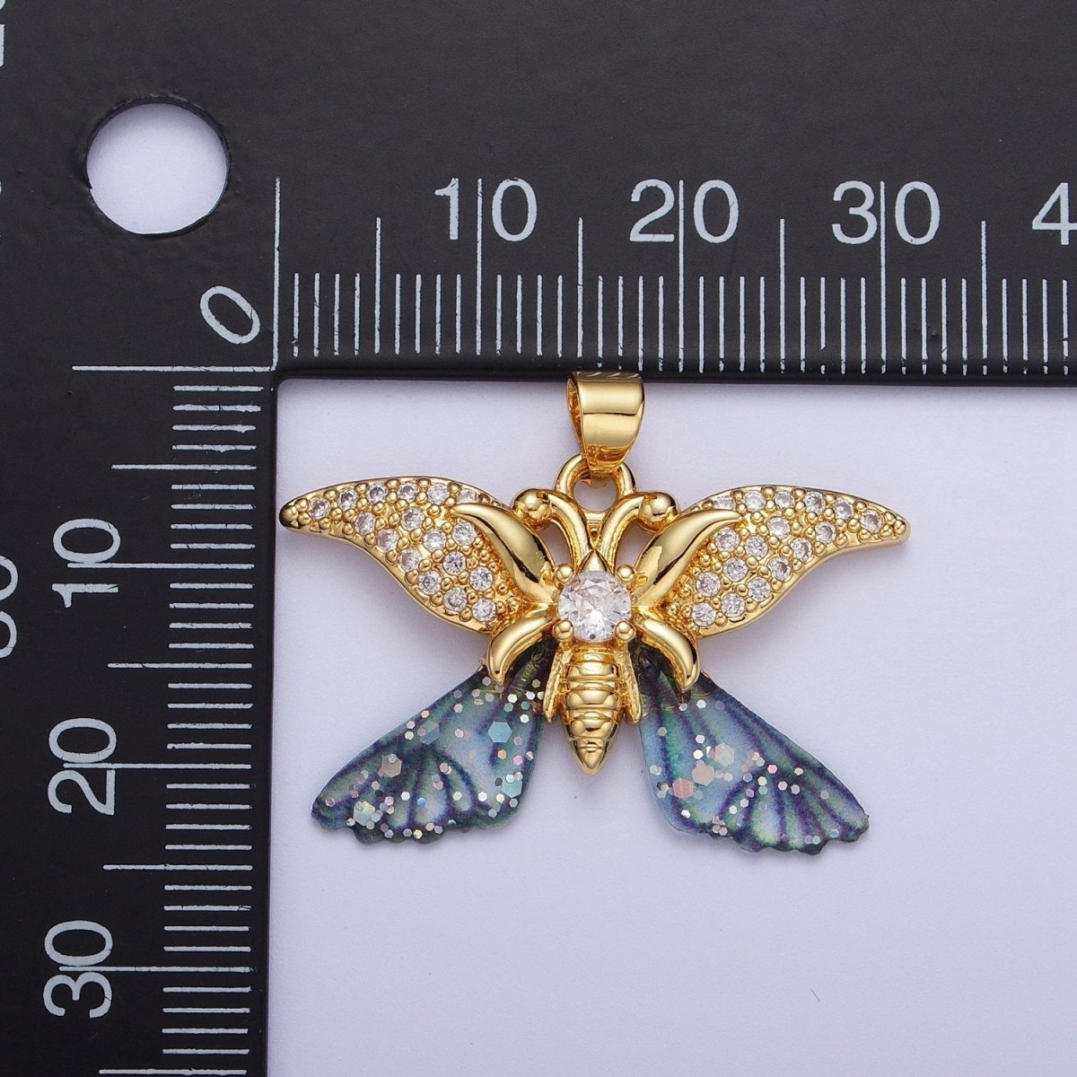 Gold Monarch Fairy Butterfly Micro Paved Fuchsia / Blue Wings Pendant H-641 H-642
