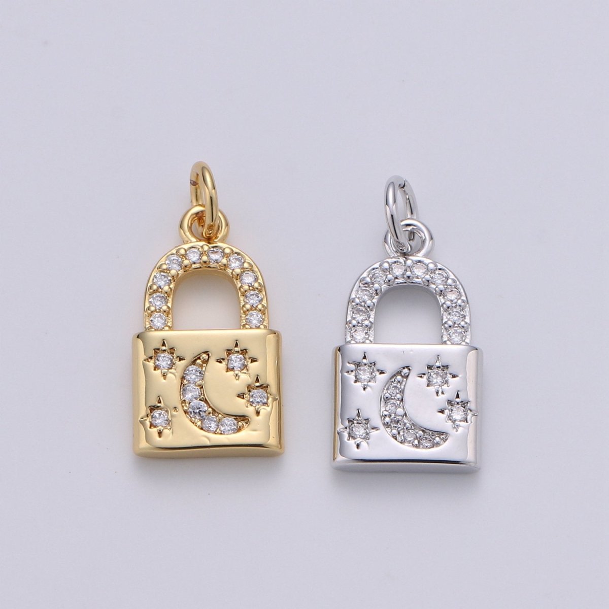 Gold Moon Star Padlock Pendant Gold Filled Dainty Padlock Charm Celestial Lock Jewelry for Necklace Earring Bracelet Component D-363