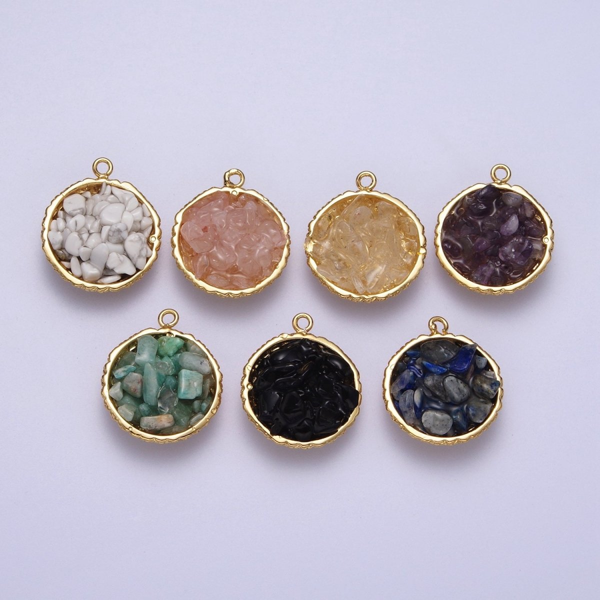 Gold Natural Chip Bead Gemstone Round Charm | C-328 C-330 C-338 C-627 C-632 C-635 C-641