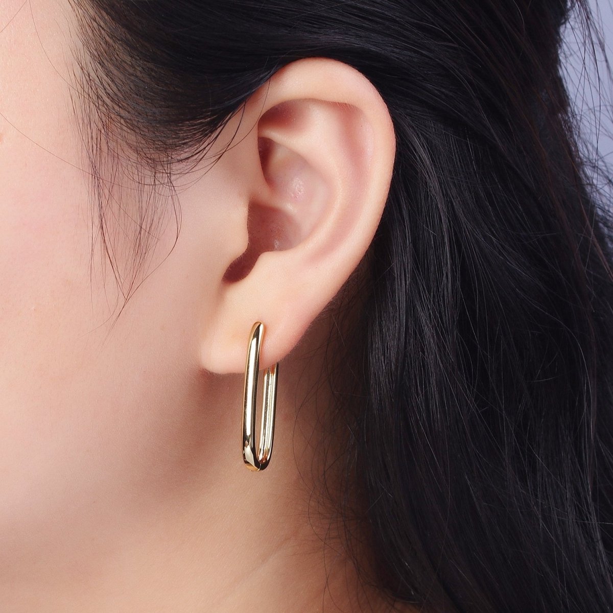 Gold Oblong Chunky Rectangle Earring, Rectangle or Oval Shape Earrings, Minimalist Hoop Earring for Everyday Use AE-1011 - DLUXCA