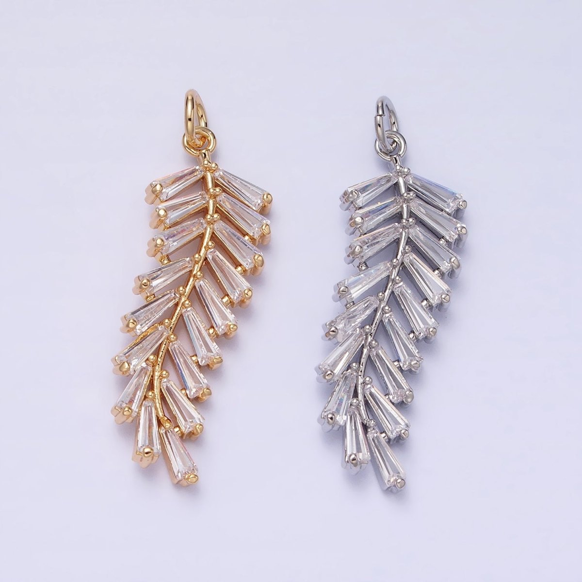 Gold Olive Branch Charm, Clear Baguette Cz Leaf Charm Pendant Jewelry Supplies AC467 AC468