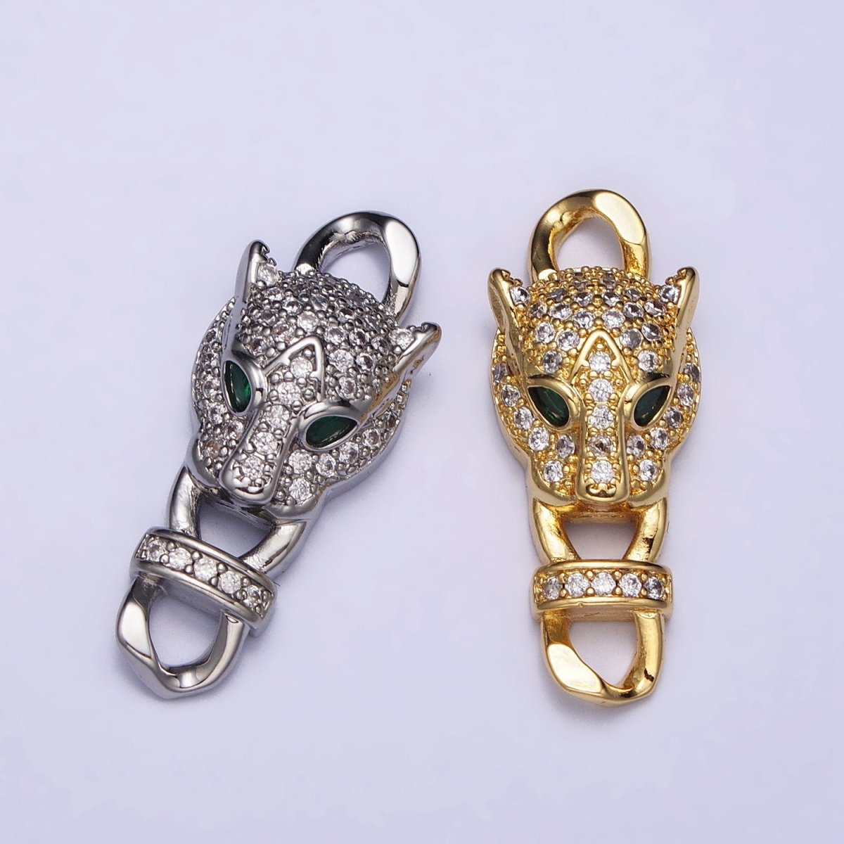 Gold Panther Head CZ Micro Pave Clasp, Silver Leopard Bracelet Clasp, Cubic Zirconia Y-872