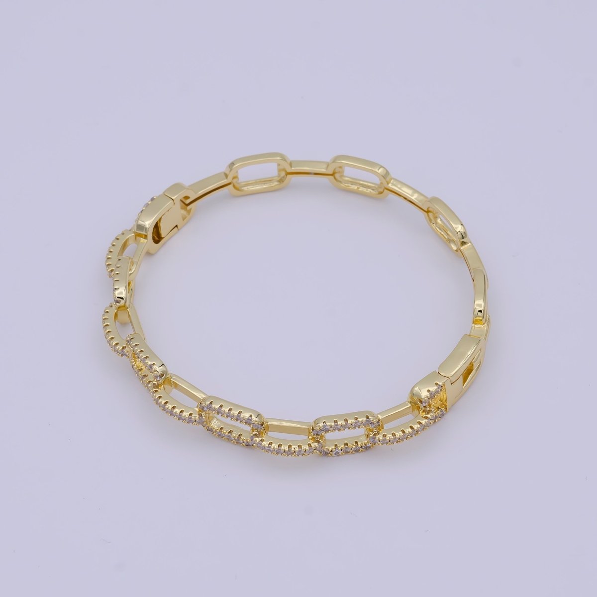Gold PaperClip Link Chain Bracelet With Cz Stone for Stackable Bangle Jewelry | WA-688 Clearance Pricing