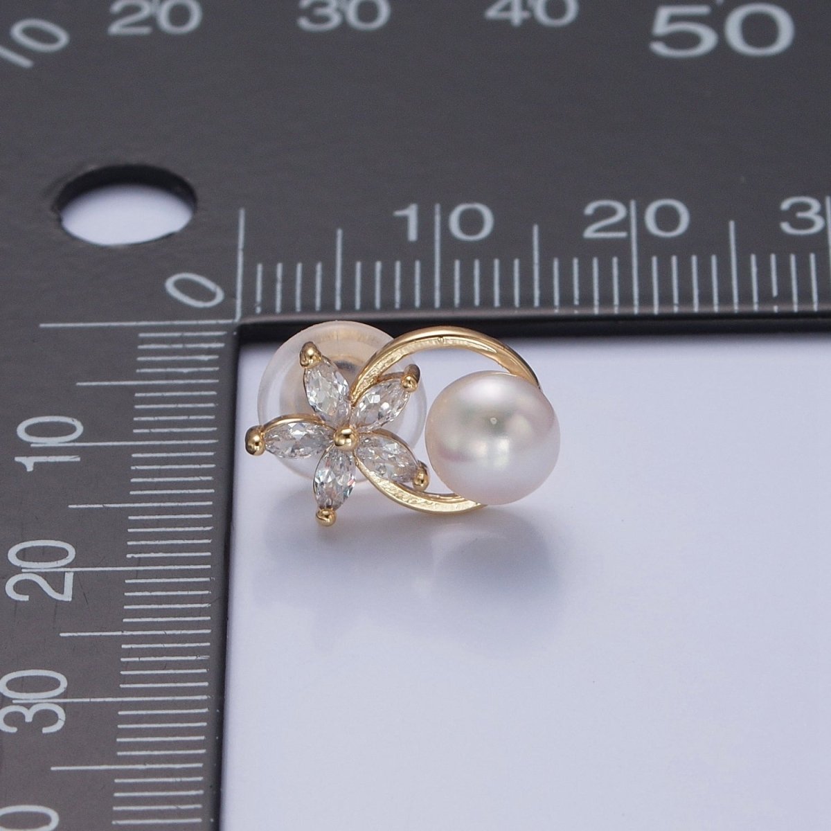Gold Pave CZ Flower Stud Earring with Pearl for Wedding Jewelry V-371 - DLUXCA