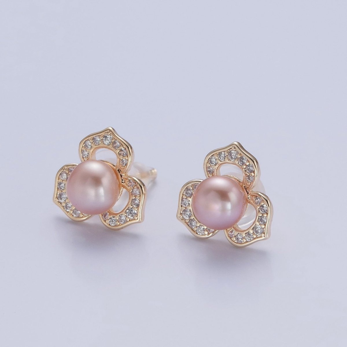 Gold Pave Pearl Lotus Stud Earring V-378 V-386