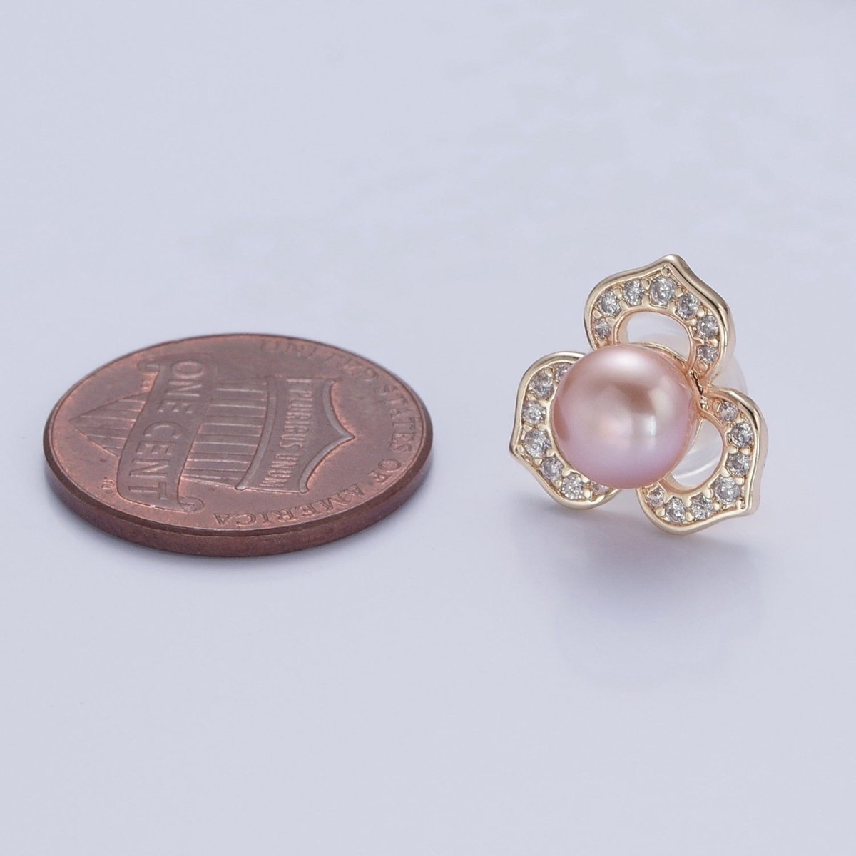 Gold Pave Pearl Lotus Stud Earring V-378 V-386