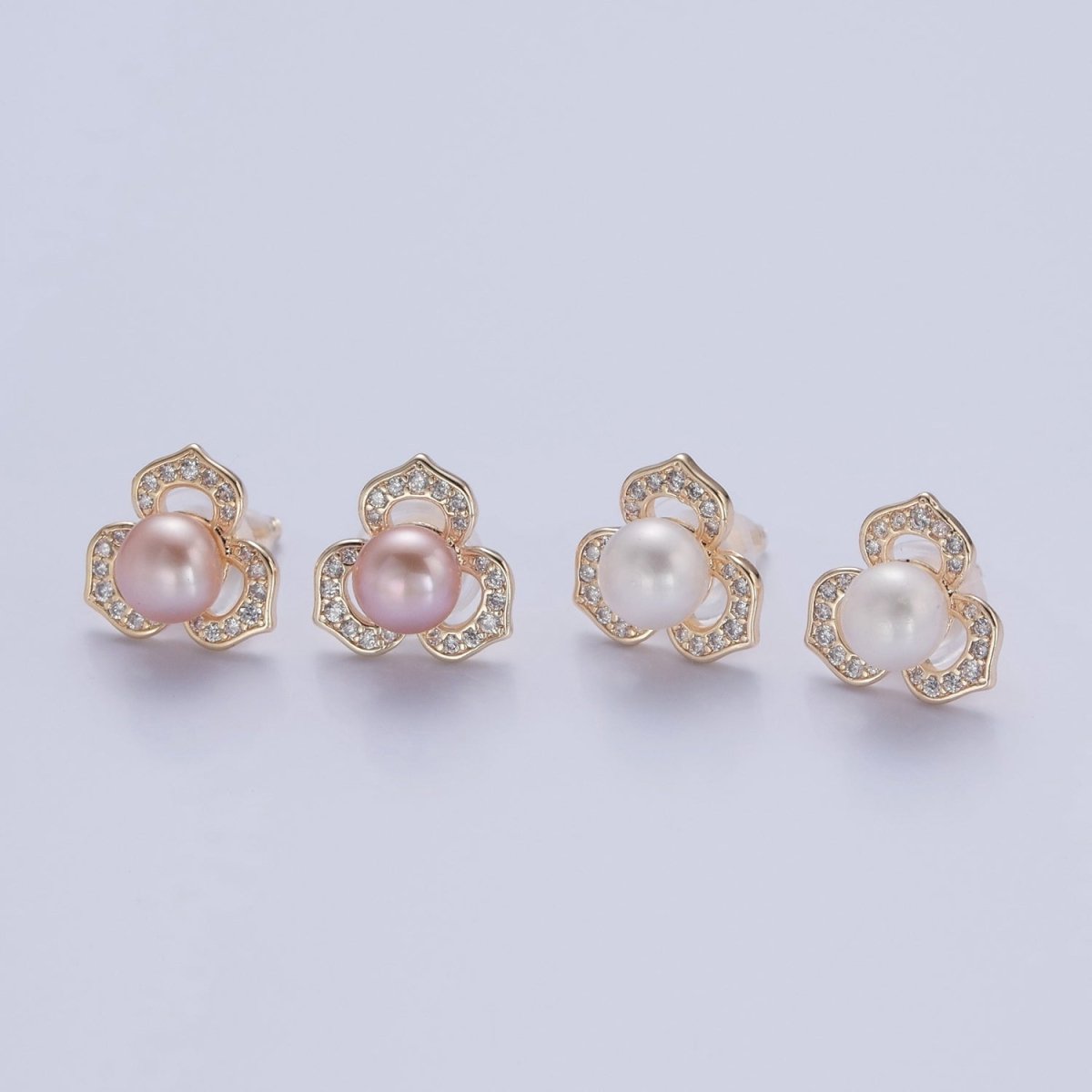 Gold Pave Pearl Lotus Stud Earring V-378 V-386