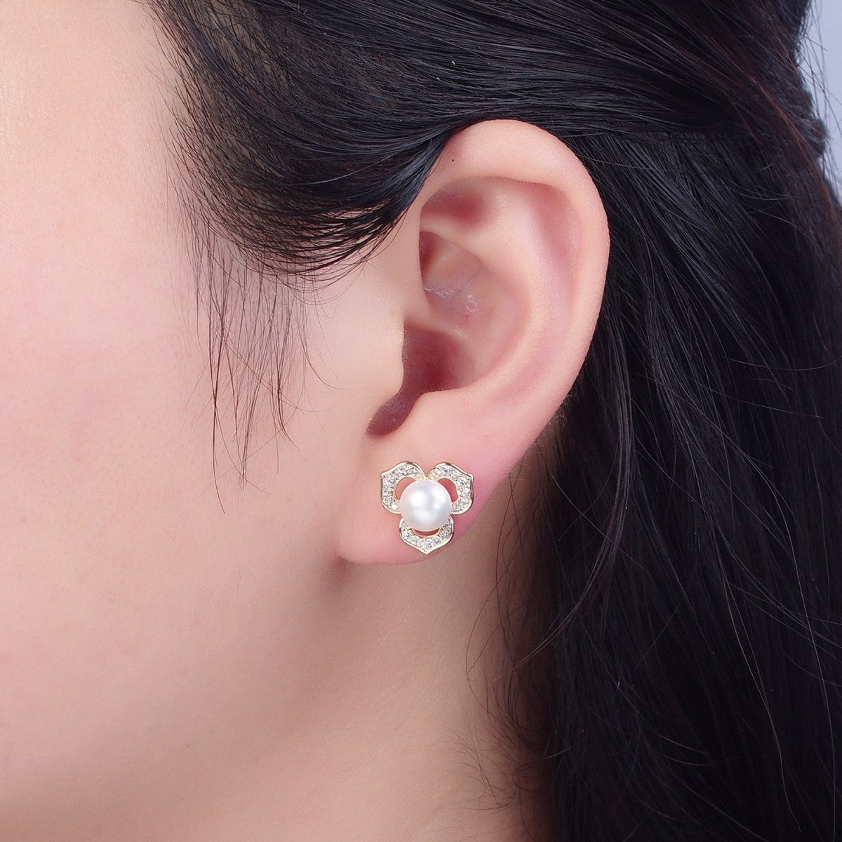 Gold Pave Pearl Lotus Stud Earring V-378 V-386