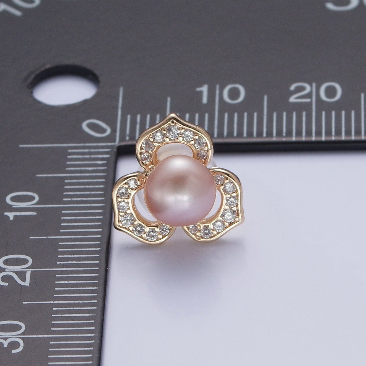 Gold Pave Pearl Lotus Stud Earring V-378 V-386