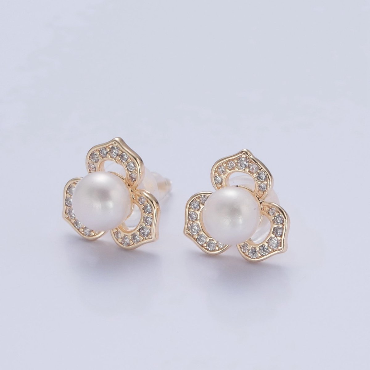 Gold Pave Pearl Lotus Stud Earring V-378 V-386