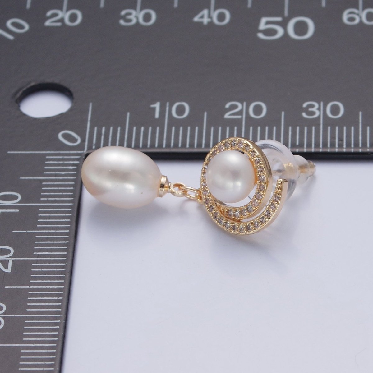 Gold Pave Round Stud Earring with Dangle Pearl for Wedding Jewelry V-373 - DLUXCA