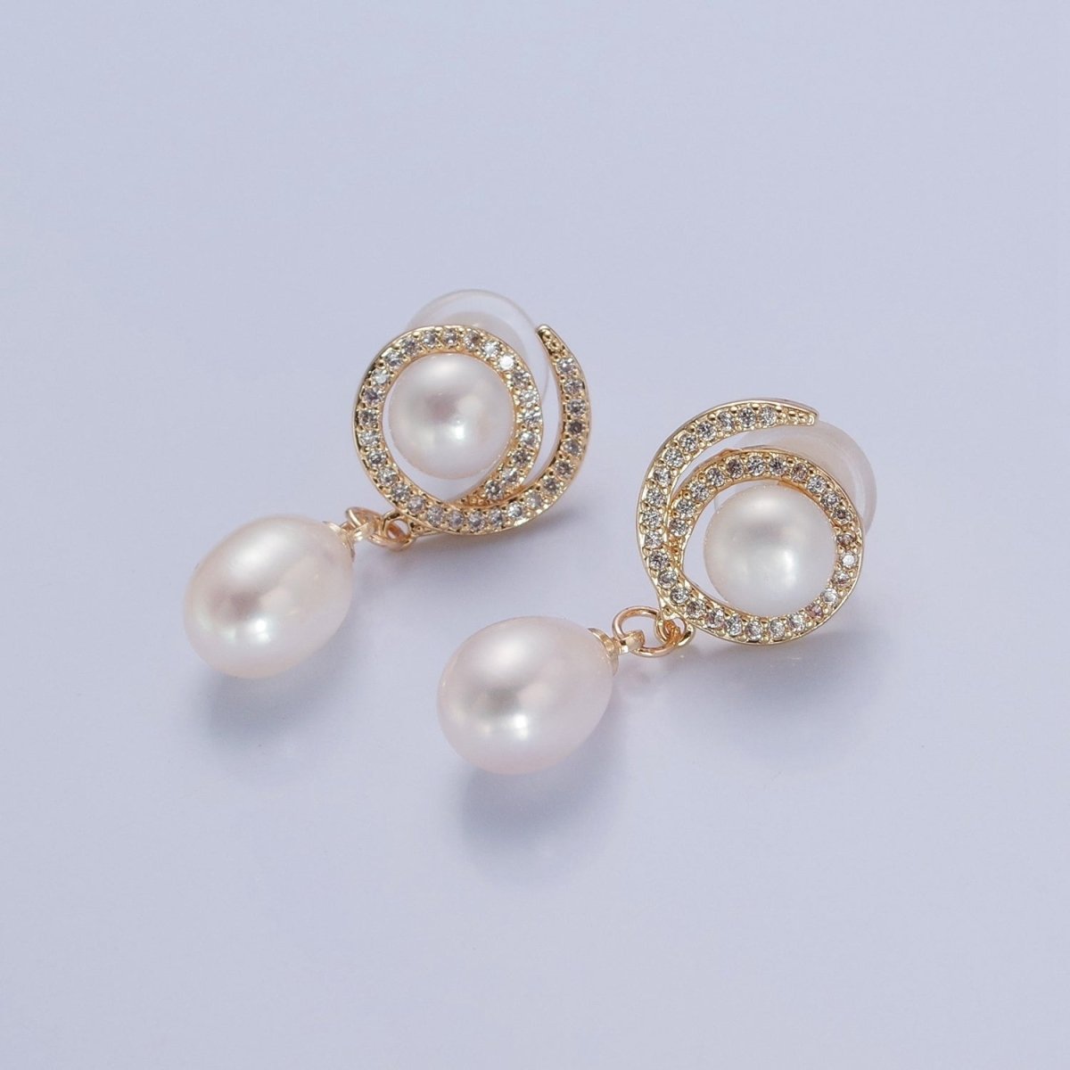 Gold Pave Round Stud Earring with Dangle Pearl for Wedding Jewelry V-373 - DLUXCA