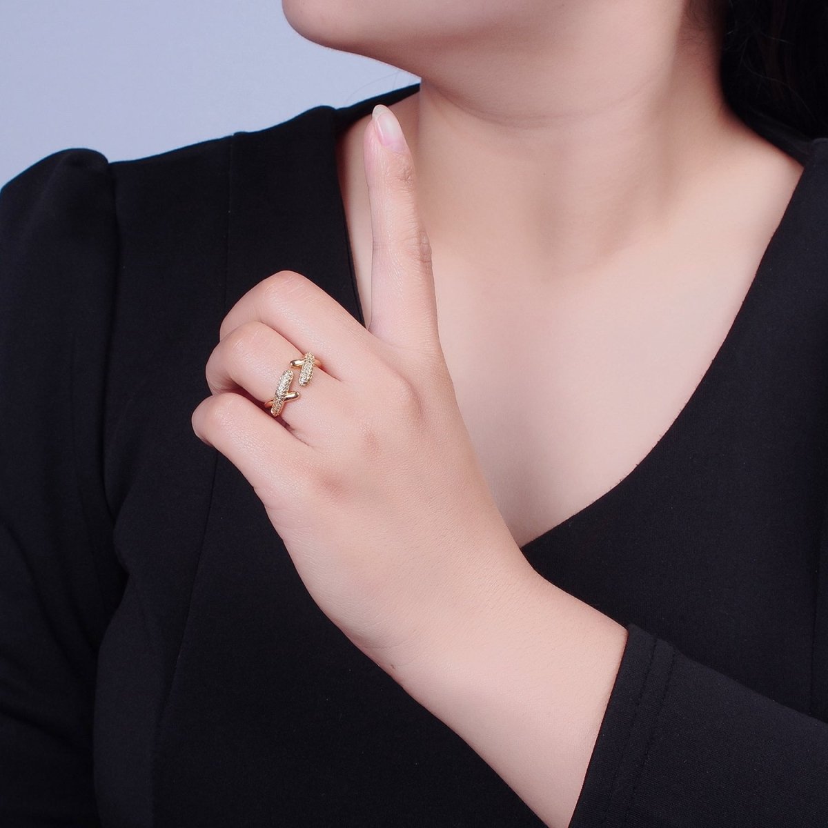 Gold Pave X ring Friendship Ring Open Adjustable O-2240 - DLUXCA