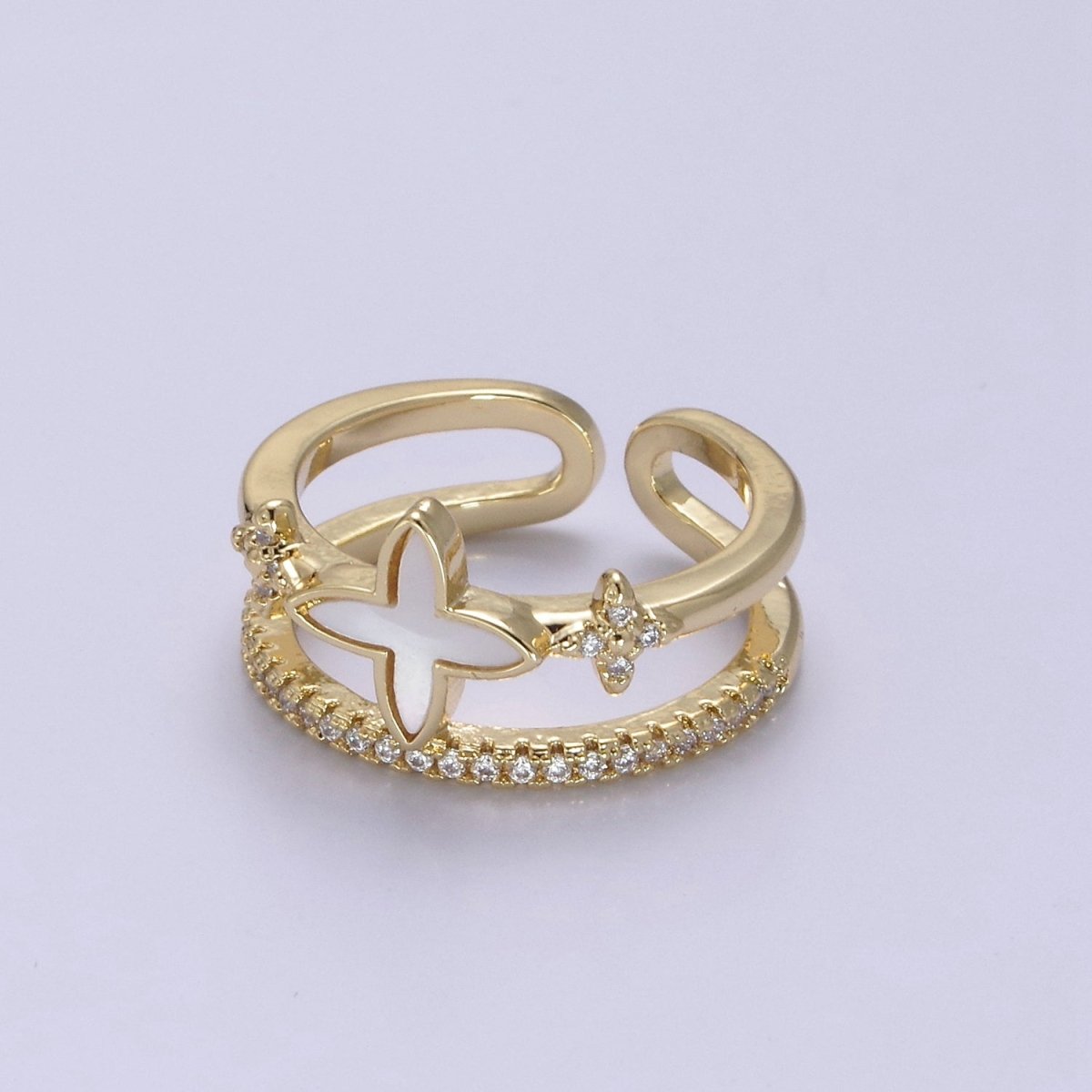 Gold Pearl Clover ring, Cubic Adjustable CZ Double Band ring, Dainty Gold minimalist jewelry Open Adjustable Ring U-481 - DLUXCA