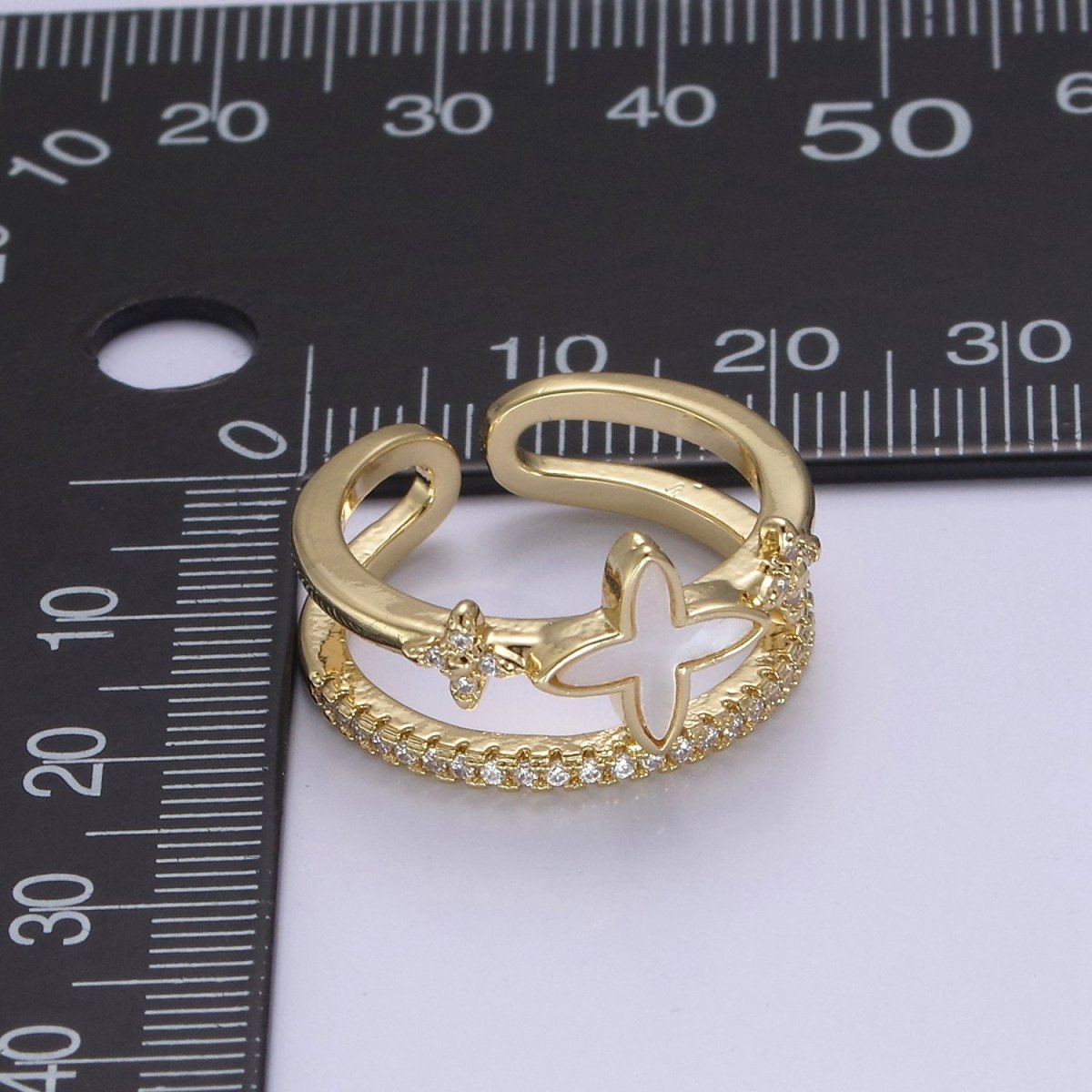 Gold Pearl Clover ring, Cubic Adjustable CZ Double Band ring, Dainty Gold minimalist jewelry Open Adjustable Ring U-481 - DLUXCA