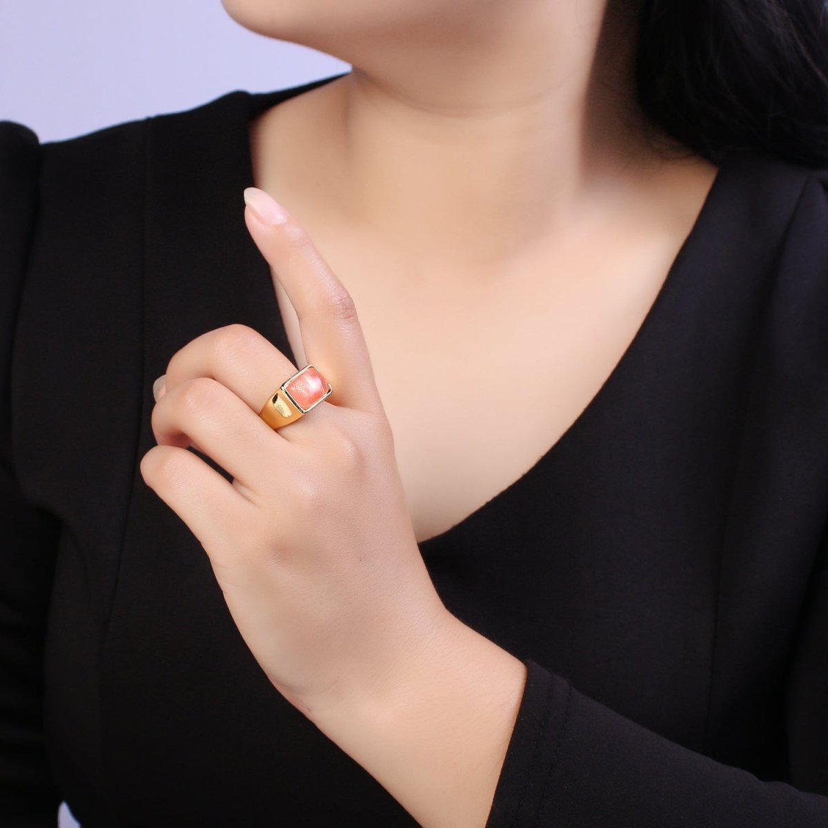 Gold Pink Rings | Gemstone Signet Ring | Gold Gem Stone Rings | Chunky Gold Statement Ring U-258