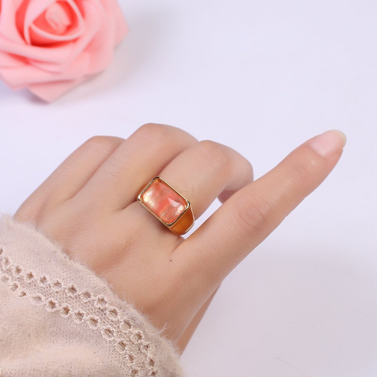 Gold Pink Rings | Gemstone Signet Ring | Gold Gem Stone Rings | Chunky Gold Statement Ring U-258