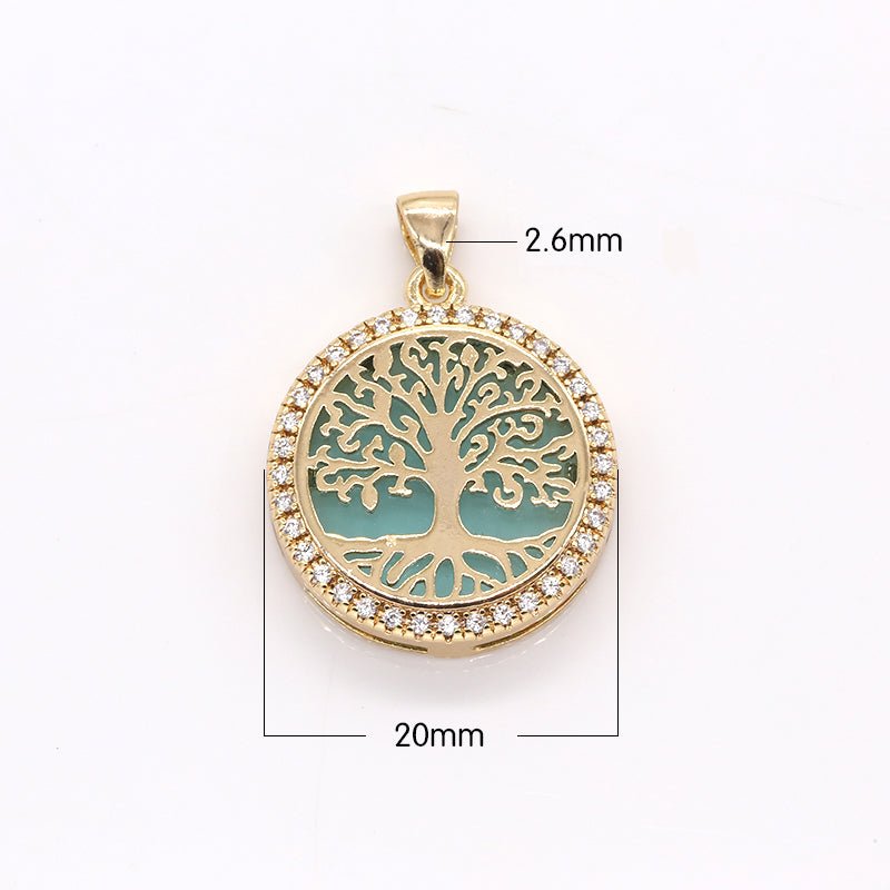 Gold Plated Banyan Tree Rustic Coin CZ Big Tree Nature Hope Symbol Medallion Ancient Micro Pave Charm Pendant GP-382