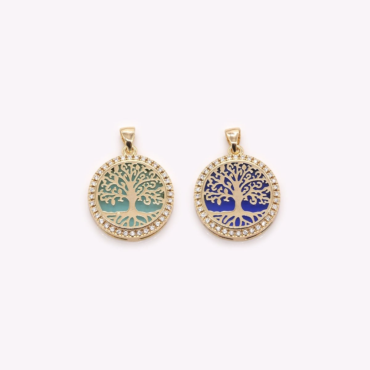 Gold Plated Banyan Tree Rustic Coin CZ Big Tree Nature Hope Symbol Medallion Ancient Micro Pave Charm Pendant GP-382