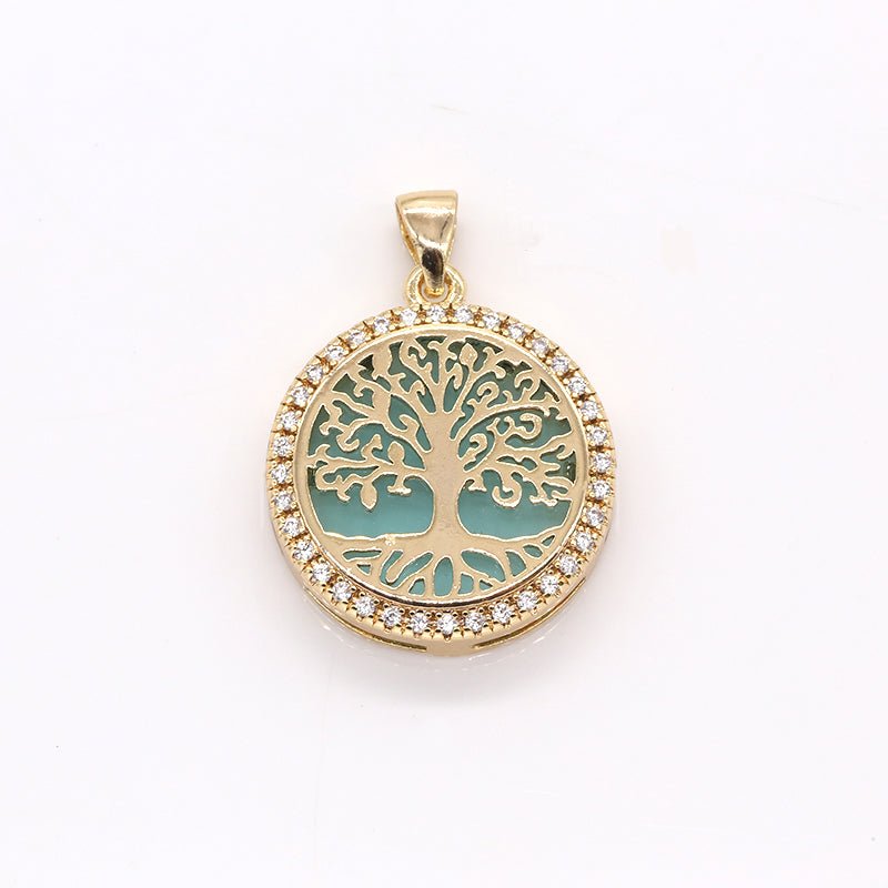 Gold Plated Banyan Tree Rustic Coin CZ Big Tree Nature Hope Symbol Medallion Ancient Micro Pave Charm Pendant GP-382