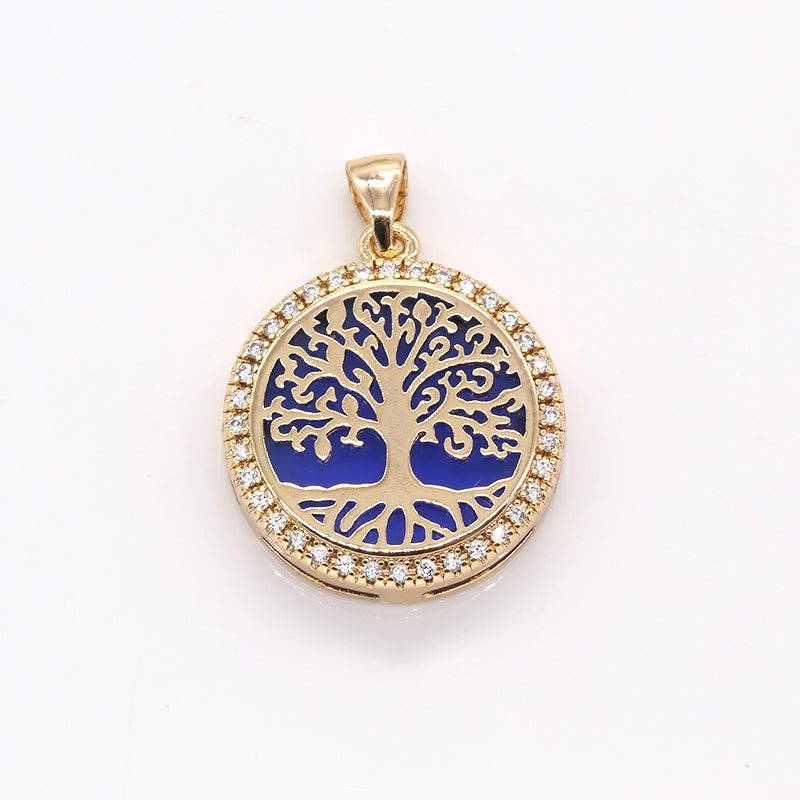 Gold Plated Banyan Tree Rustic Coin CZ Big Tree Nature Hope Symbol Medallion Ancient Micro Pave Charm Pendant GP-382
