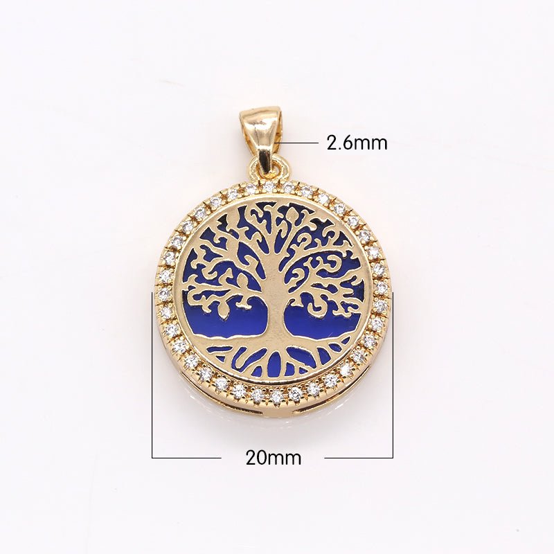 Gold Plated Banyan Tree Rustic Coin CZ Big Tree Nature Hope Symbol Medallion Ancient Micro Pave Charm Pendant GP-382