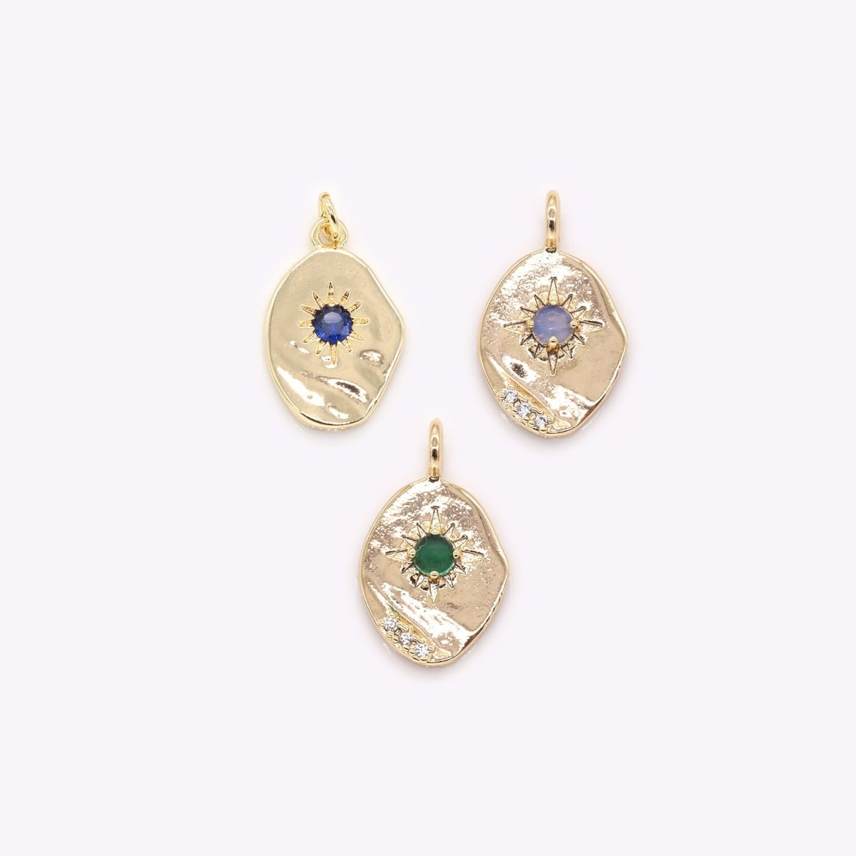 Gold Plated Crystal Sun Rays Oval Rustic Coin Charm CZ Morning Sunburst Nature Geometric Shape Medallion Charm Pendant GP-377 GP-379 GP-451
