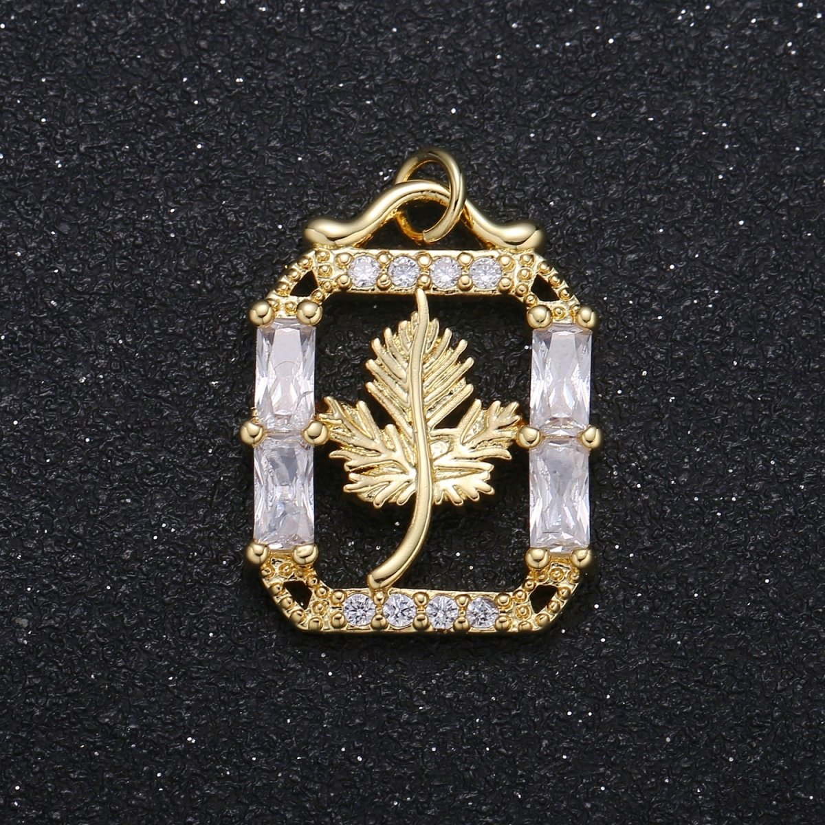 Gold Plated Pine Leaf in Crystal Square Charm CZ Dainty Floral Nature Leaves Plant Charm Pendant GP-074