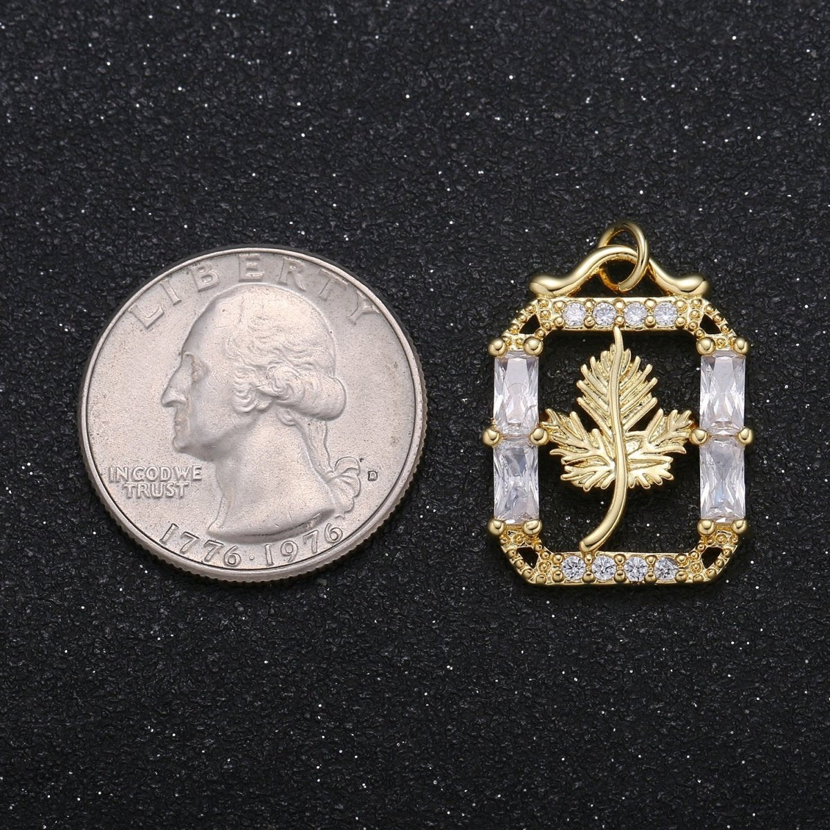 Gold Plated Pine Leaf in Crystal Square Charm CZ Dainty Floral Nature Leaves Plant Charm Pendant GP-074