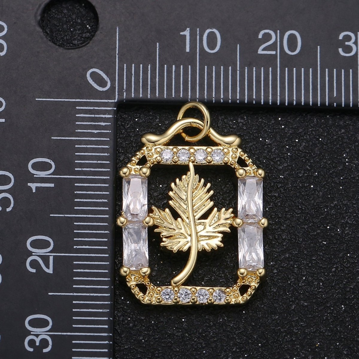 Gold Plated Pine Leaf in Crystal Square Charm CZ Dainty Floral Nature Leaves Plant Charm Pendant GP-074