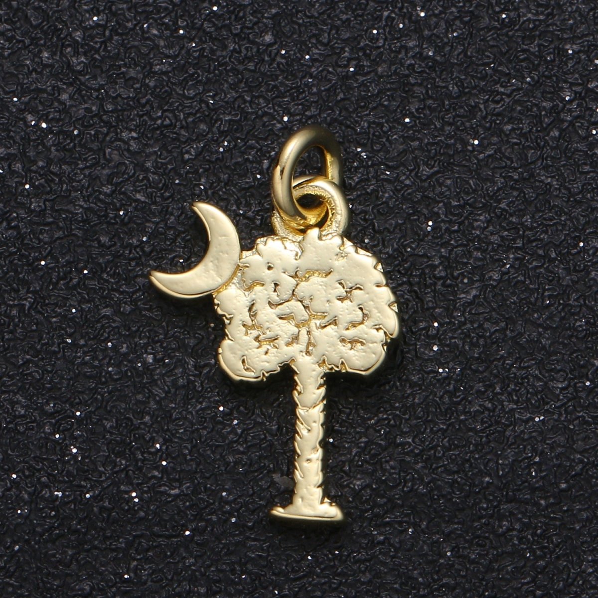 Gold Plated Tree and Crescent Moon Charm, Plain Gold Night Nature Panorama Charm Pendant GP-117