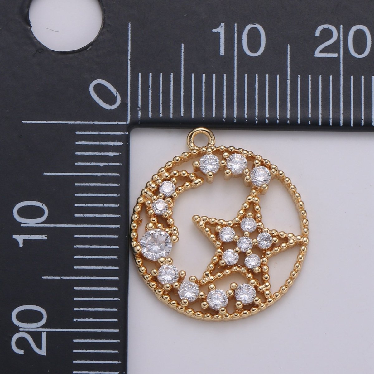 Gold Plated Zirconia Crescent Moon and Star in Circle Charm CZ Moon & Star Micro Pave Charm Pendant GP-673 - DLUXCA