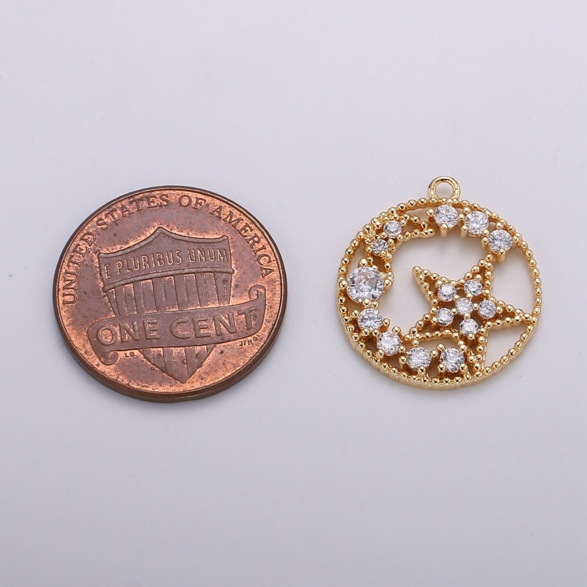 Gold Plated Zirconia Crescent Moon and Star in Circle Charm CZ Moon & Star Micro Pave Charm Pendant GP-673 - DLUXCA