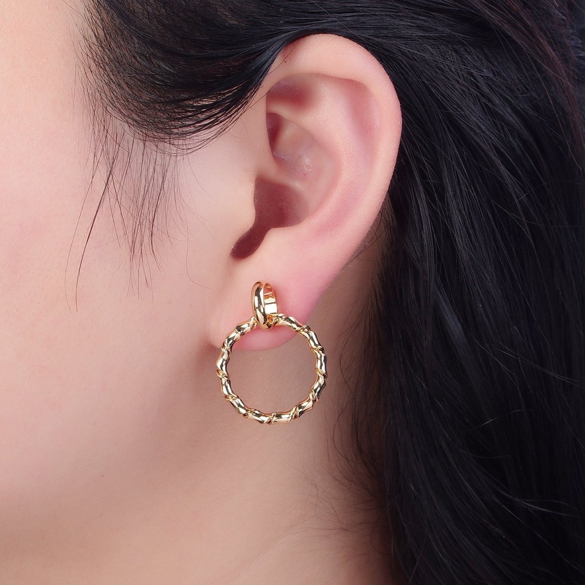Gold Post Hoop Earrings, Bamboo Hoop Earrings Minimalist Earring V-398 - DLUXCA