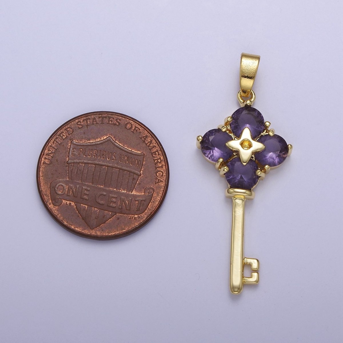 Gold Purple CZ Flower Key Pendant J-528 - DLUXCA