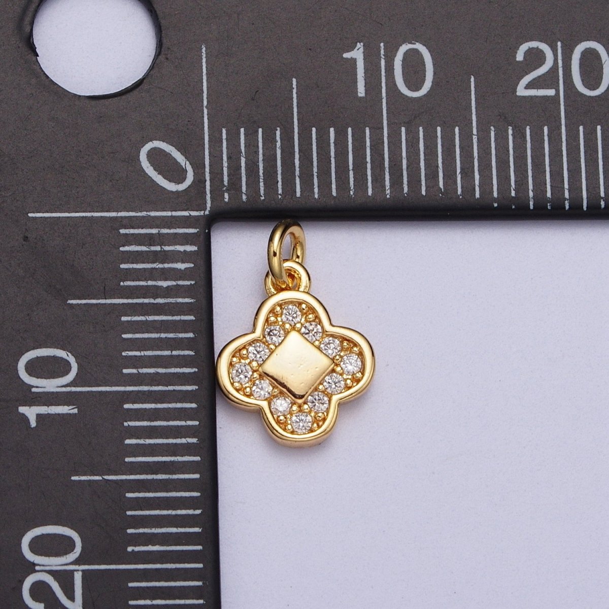 Gold Quatrefoil Clover Clear Micro Paved CZ Rhombus Charm | AC024 - DLUXCA