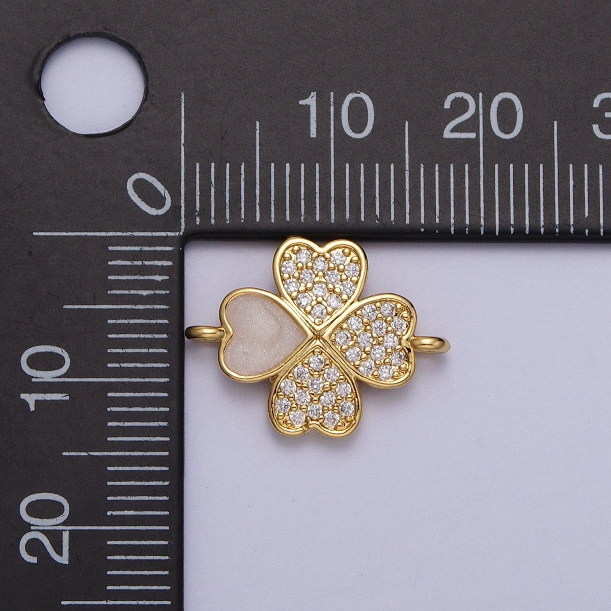 Gold Quatrefoil Clover Clear Micro Paved CZ White Enamel Connector | Y-665 - DLUXCA